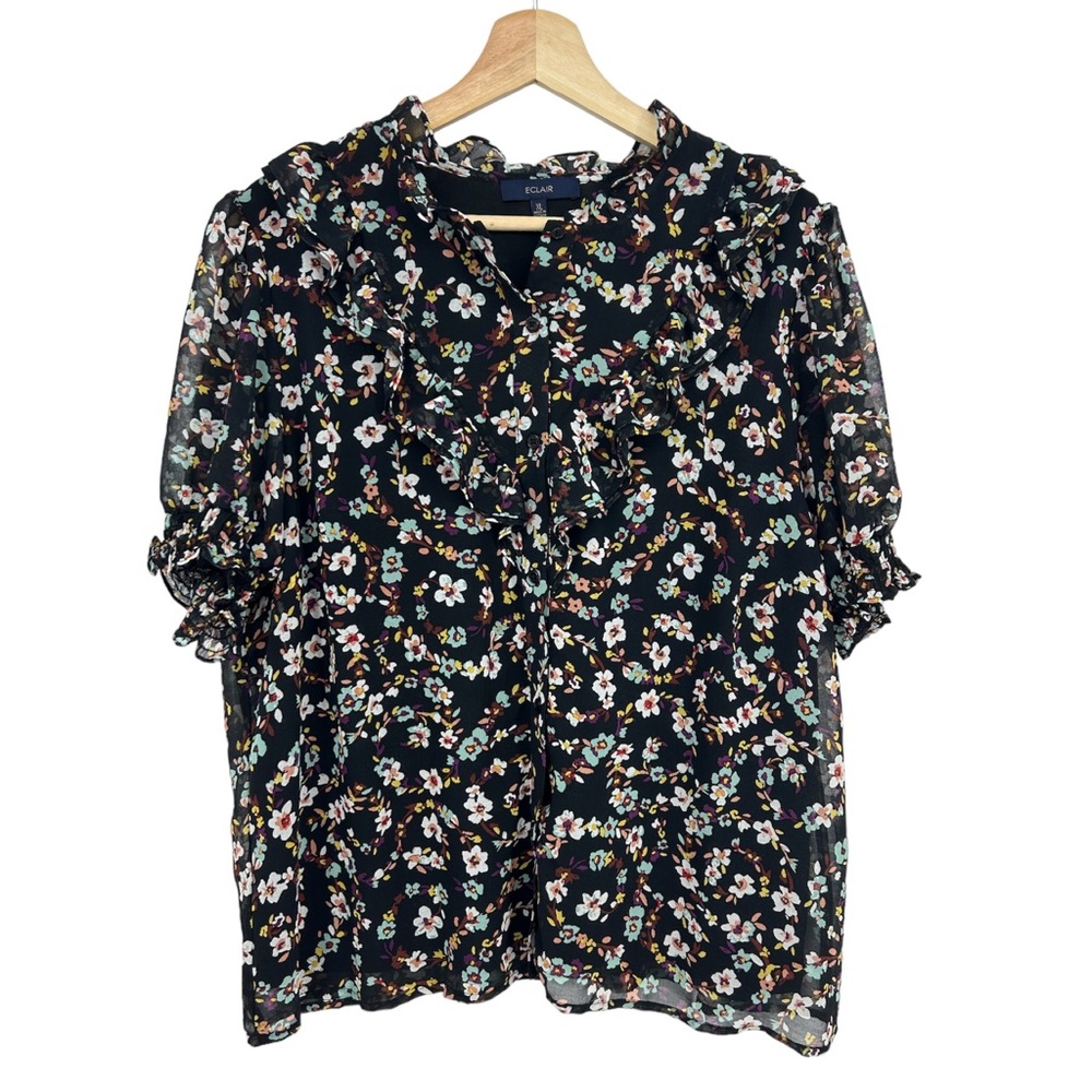 Eclair Black Multi Color Daisy Floral Print Ruffle Detail Short Sleeve Blouse